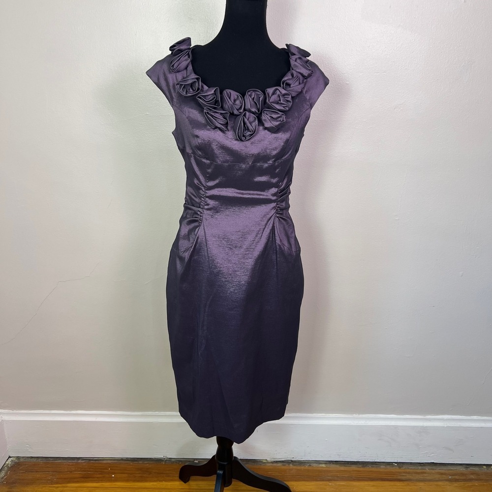 Adrianna Papell Plum Purple Metallic Rosette Sheath Dress Size 14